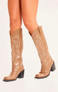 Tan PU Square Toe Stitch Detail Knee High Block Heel Western Boots