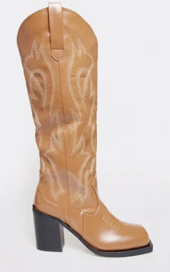 Tan PU Square Toe Stitch Detail Knee High Block Heel Western Boots