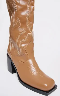 Tan PU Square Toe Stitch Detail Knee High Block Heel Western Boots