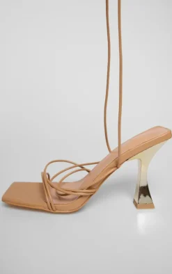 Tan PU Square Toe Strappy Lace Up Heeled Sandals