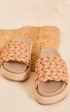 Tan Pu Woven Round Toe Platform Chunky Espadrille Sandals