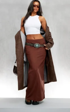 Tan Soft Twill Blend Straight Maxi Skirt