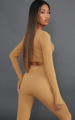 Tan Sport Seamless Dipped Front Long Sleeve Crop Top