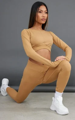 Tan Sport Seamless Dipped Front Long Sleeve Crop Top