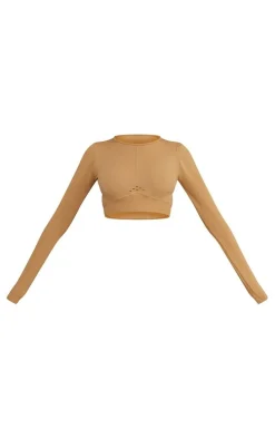 Tan Sport Seamless Dipped Front Long Sleeve Crop Top