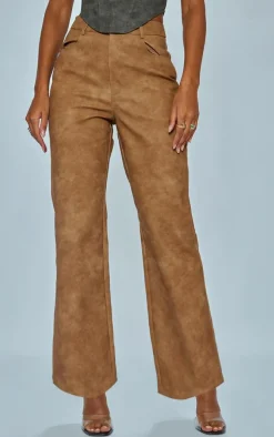 Tan Washed Faux Leather Straight Leg Pants