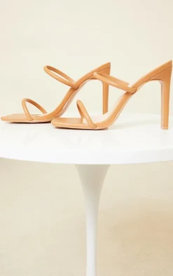 Tan Wide Fit Extreme Square Toe Twin Strap Mule High Heels