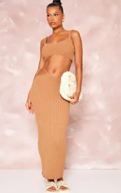 Tan Wide Rib Knitted Maxi Skirt