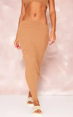 Tan Wide Rib Knitted Maxi Skirt