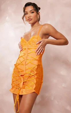 Tangerine Lace Underwired Eyelet Detail Bodycon Dress