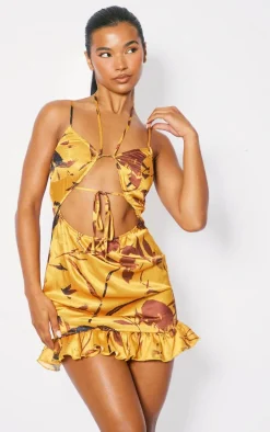 Tangerine Leaf Print Cut Out Frill Hem Shift Dress