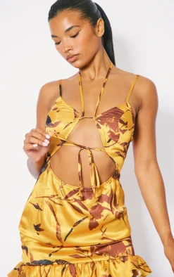 Tangerine Leaf Print Cut Out Frill Hem Shift Dress