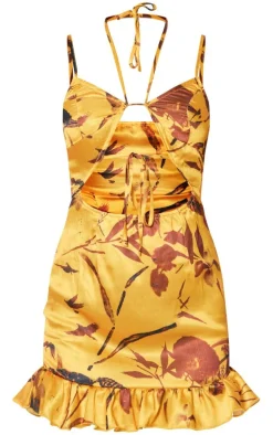 Tangerine Leaf Print Cut Out Frill Hem Shift Dress