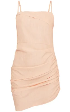 Tangerine Linen Look Fold Over Ruched Bodycon Dress