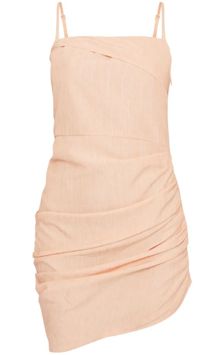 Tangerine Linen Look Fold Over Ruched Bodycon Dress