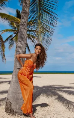 Tangerine Plisse Lace Up Eyelet Detail Strappy Jumpsuit