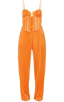 Tangerine Plisse Lace Up Eyelet Detail Strappy Jumpsuit