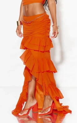 Tangerine Ruffle Detail Maxi Skirt