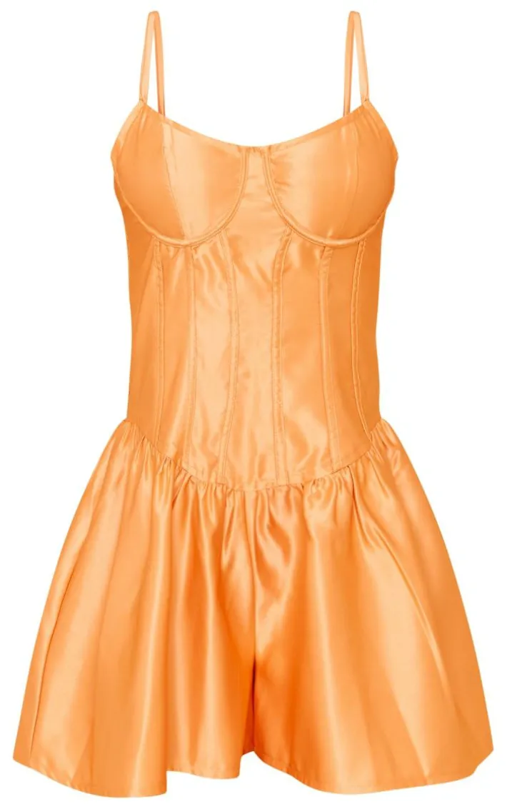 Tangerine Satin Corset Flared Short Strappy Romper