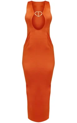 Tangerine Satin Plunge Trim Detail Strappy Midaxi Dress