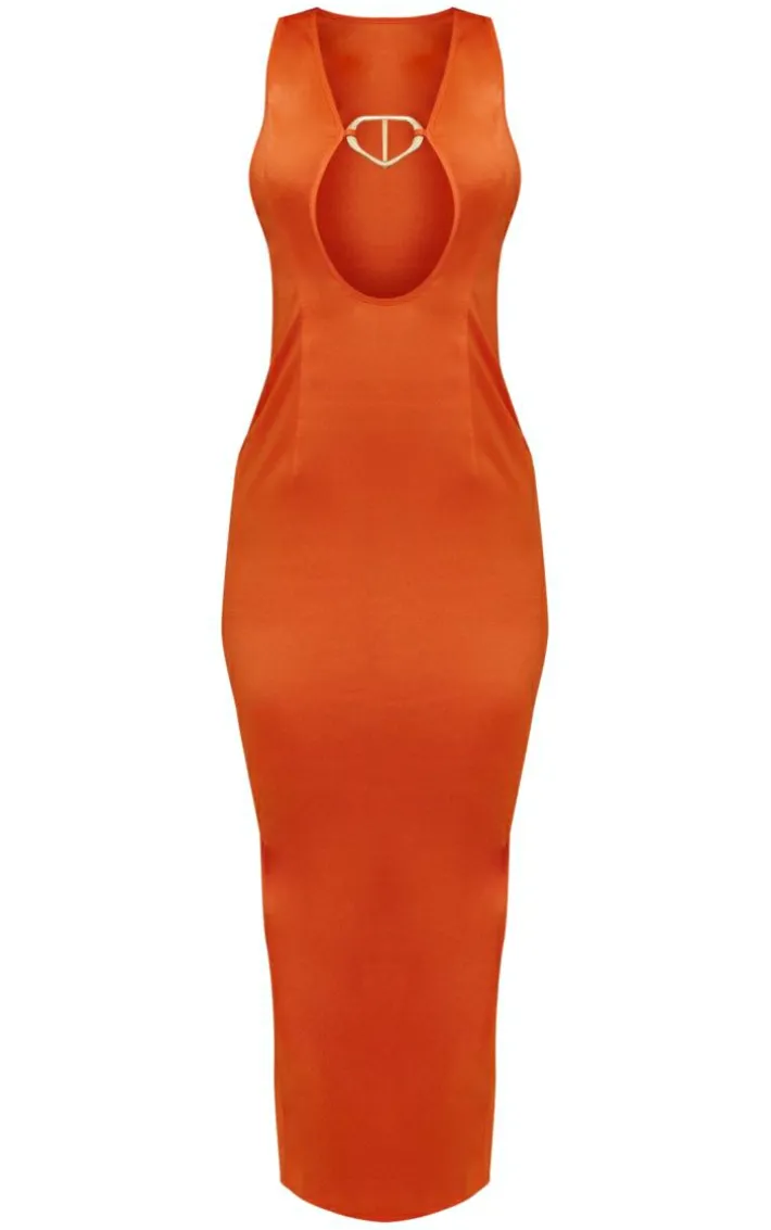 Tangerine Satin Plunge Trim Detail Strappy Midaxi Dress
