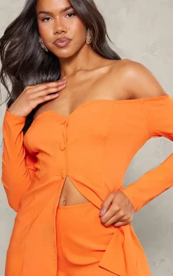 Tangerine Stretch Woven Bardot Button Down Skort Romper