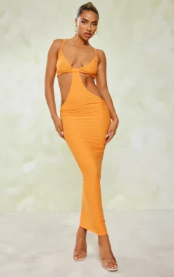 Tangerine Textured Cut Out Knot Detail Strappy Midaxi Dress