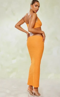 Tangerine Textured Cut Out Knot Detail Strappy Midaxi Dress