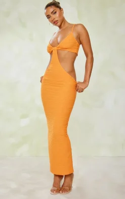 Tangerine Textured Cut Out Knot Detail Strappy Midaxi Dress
