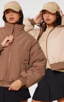 Taupe & Sand Reversible Bomber Puffer Jacket