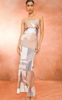 Taupe Abstract Print Fold Over Bandeau Maxi Dress