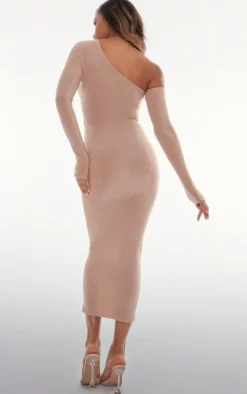 Taupe Asymmetric Neck Cut Out Slinky Maxi Dress