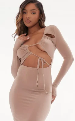 Taupe Asymmetric Neck Cut Out Slinky Maxi Dress