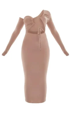 Taupe Asymmetric Neck Cut Out Slinky Maxi Dress