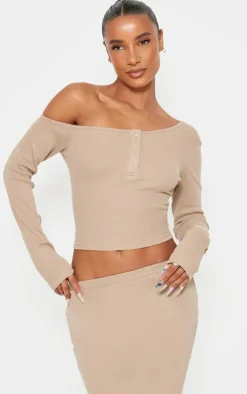 Taupe Asymmetric Neck Rib Long Sleeve Top