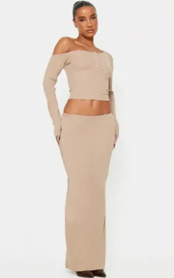 Taupe Asymmetric Neck Rib Long Sleeve Top