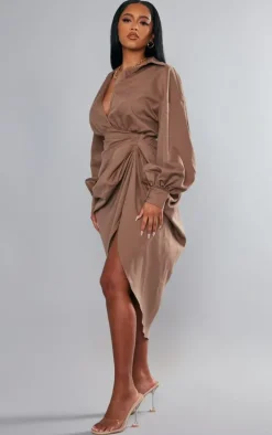 Taupe Balloon Sleeve Gathered Skirt Midi Shirt Dress