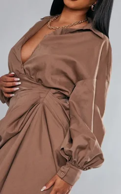 Taupe Balloon Sleeve Gathered Skirt Midi Shirt Dress