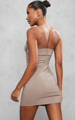 Taupe Bandeau Cut Out Button Down Bodycon Dress