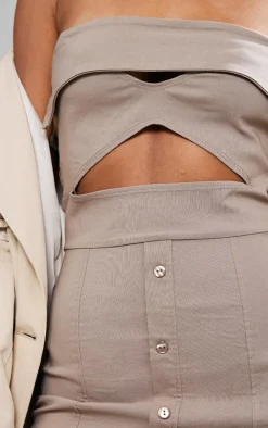 Taupe Bandeau Cut Out Button Down Bodycon Dress