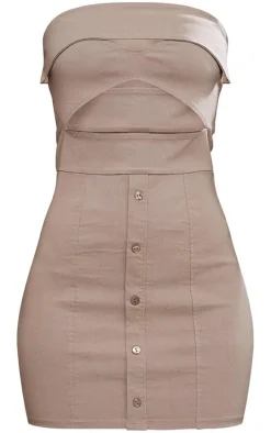 Taupe Bandeau Cut Out Button Down Bodycon Dress