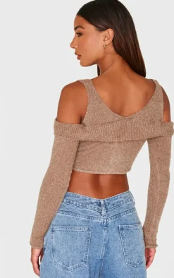 Taupe Boucle Knit Cold Shoulder Button Up Top