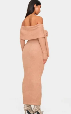 Taupe Brushed Rib Bow Detail Bardot Maxi Dress