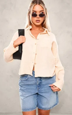 Taupe Cheesecloth Oversized Pocket Detail Long Sleeve Shirt