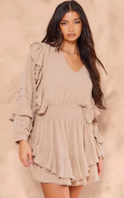 Taupe Cheesecloth Plunge Tiered Long Sleeve Shift Dress