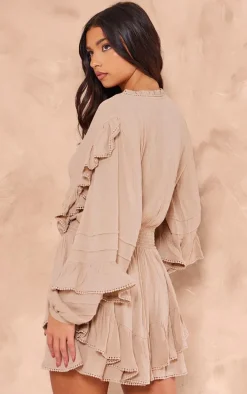 Taupe Cheesecloth Plunge Tiered Long Sleeve Shift Dress