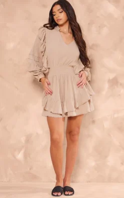 Taupe Cheesecloth Plunge Tiered Long Sleeve Shift Dress
