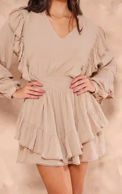 Taupe Cheesecloth Plunge Tiered Long Sleeve Shift Dress