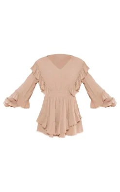 Taupe Cheesecloth Plunge Tiered Long Sleeve Shift Dress