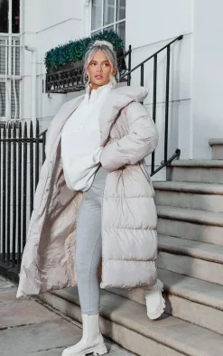 Taupe Chevron Quilted Maxi Puffer Coat